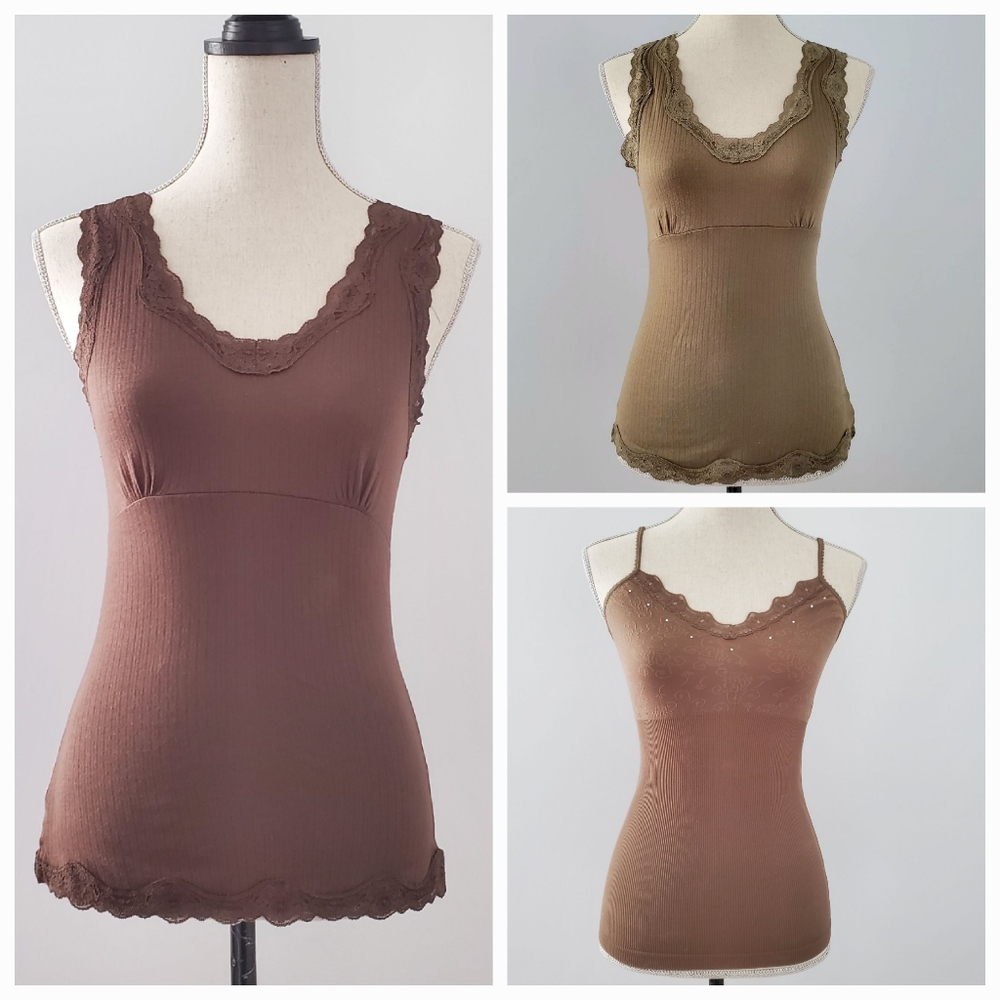 3 Tank Tops Camisoles - (2) Brown (1) Green Size XS Calvin Klein & Express